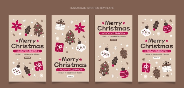 Vettore gratuito collezione di storie di instagram di natale piatto disegnato a mano