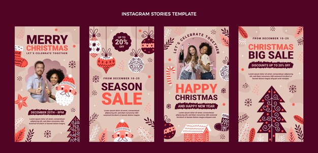 Collezione di storie di instagram di natale piatto disegnato a mano