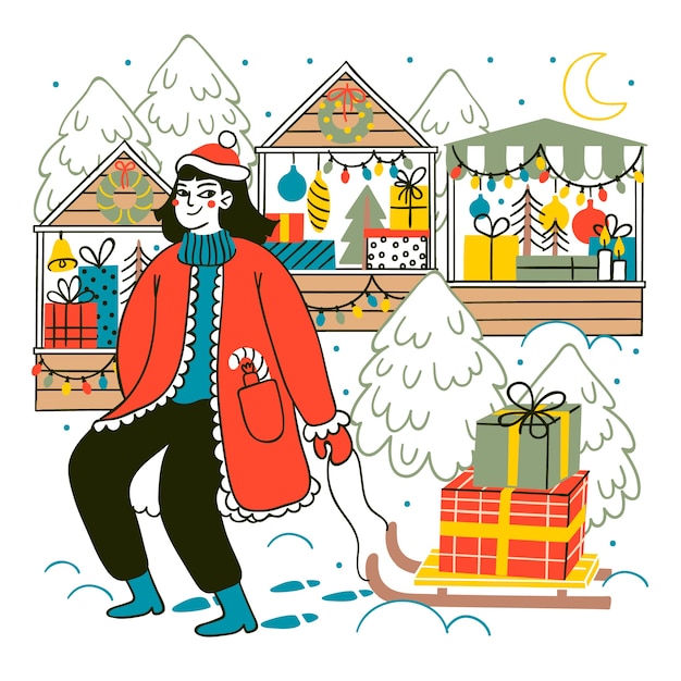 Hand drawn flat christmas market illustration