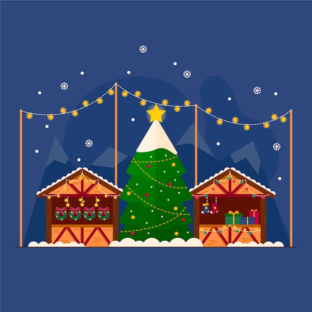 無料ベクター 手描きのフラットクリスマスマーケットのイラスト