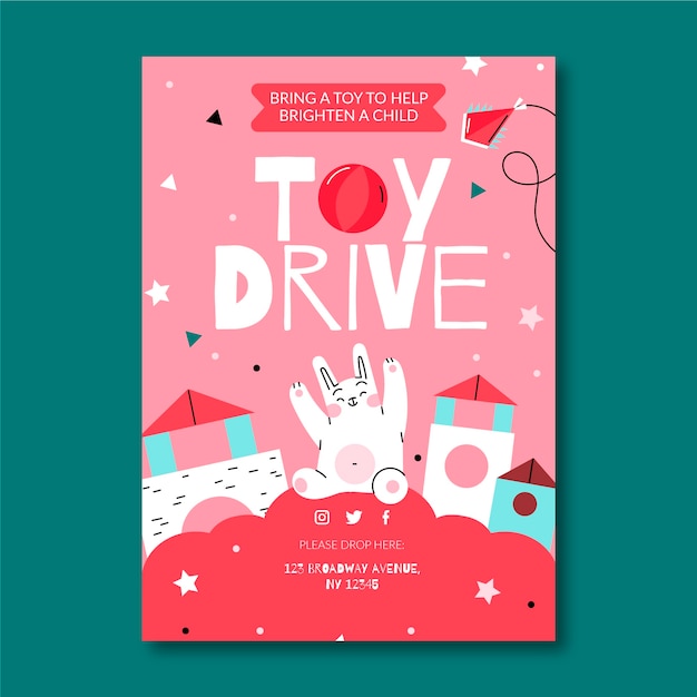 Hand drawn flat christmas toy drive vertical poster template