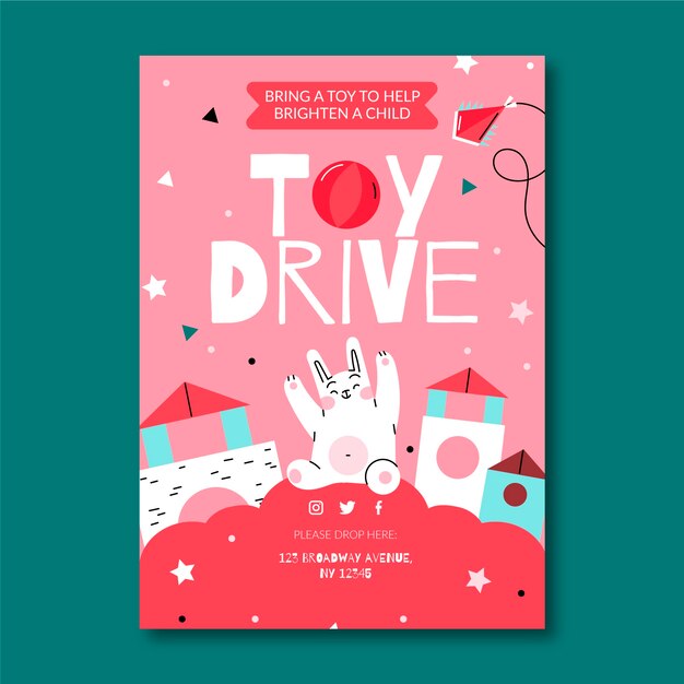 Hand drawn flat christmas toy drive vertical poster template