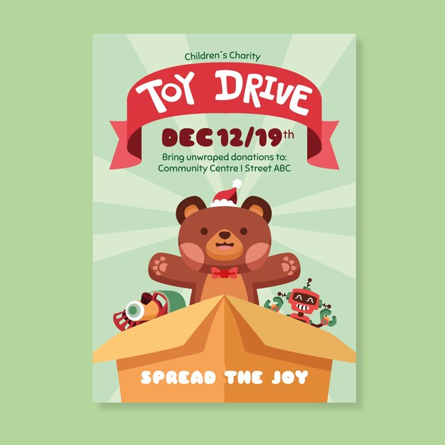 Hand drawn flat christmas toy drive vertical poster template