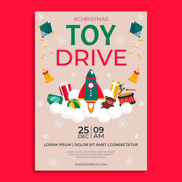 Hand drawn flat christmas toy drive vertical poster template