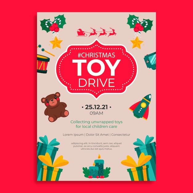 Hand drawn flat christmas toy drive vertical poster template