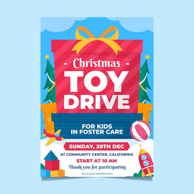 Hand drawn flat christmas toy drive vertical poster template