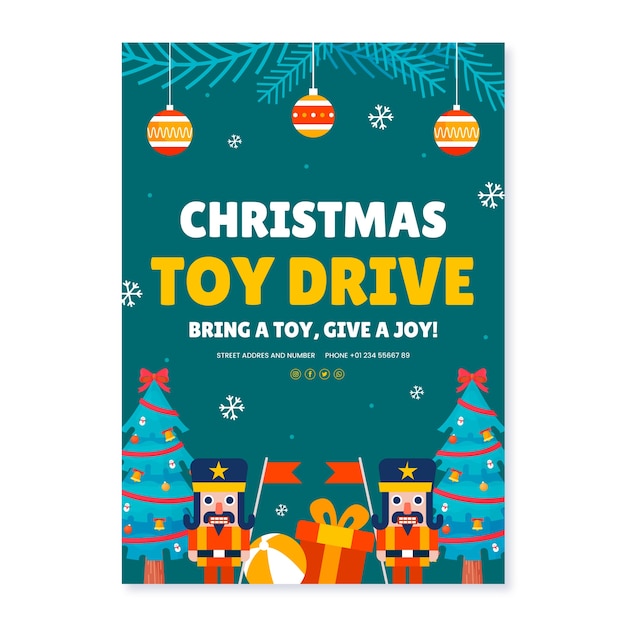 Hand drawn flat christmas toy drive vertical poster template