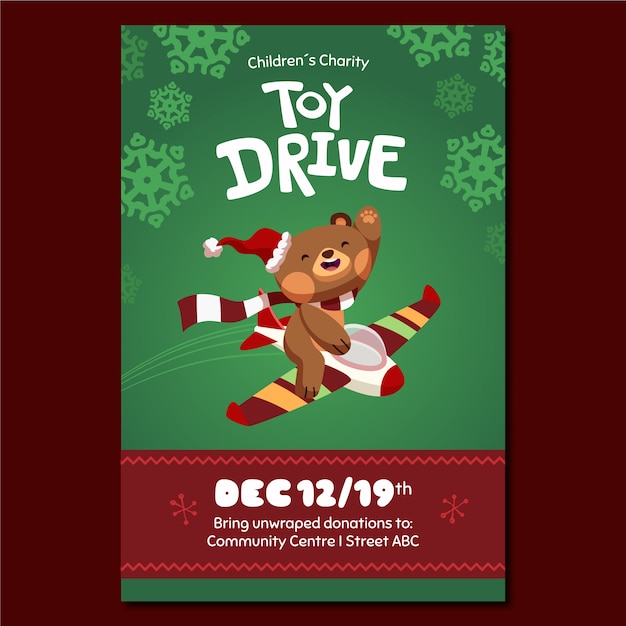 Hand drawn flat christmas toy drive vertical poster template