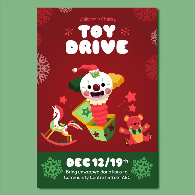 Hand drawn flat christmas toy drive vertical poster template