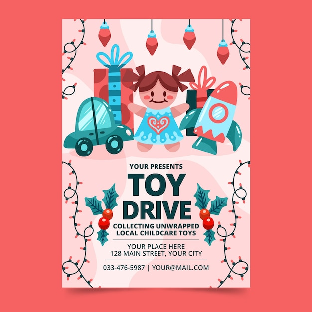 Hand drawn flat christmas toy drive vertical poster template