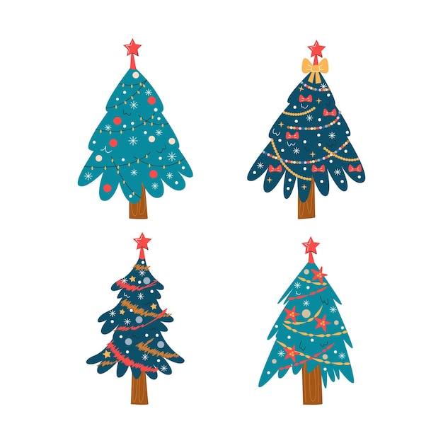 Hand drawn flat christmas trees collection