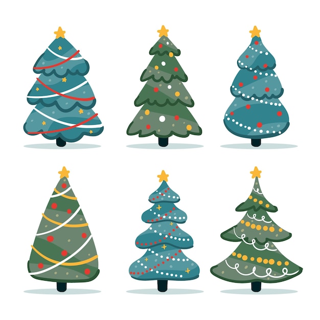 Hand drawn flat christmas trees collection