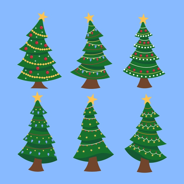 Hand drawn flat christmas trees collection
