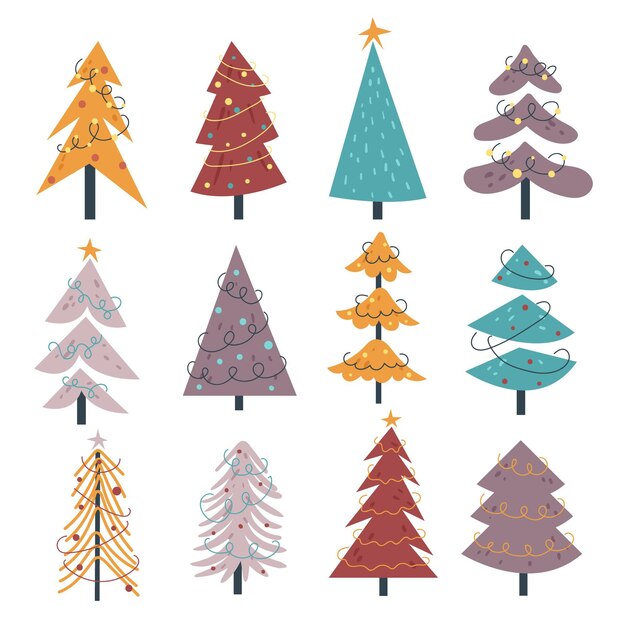 Hand drawn flat christmas trees collection