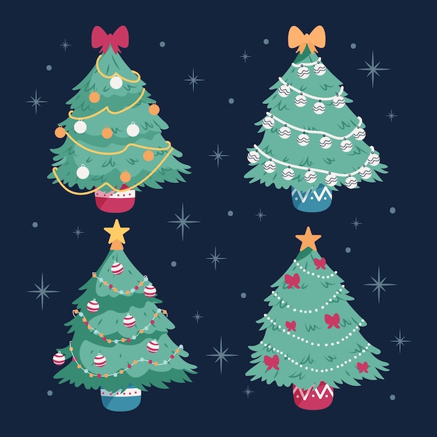 Hand drawn flat christmas trees collection