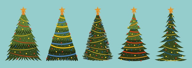 Hand drawn flat christmas trees collection