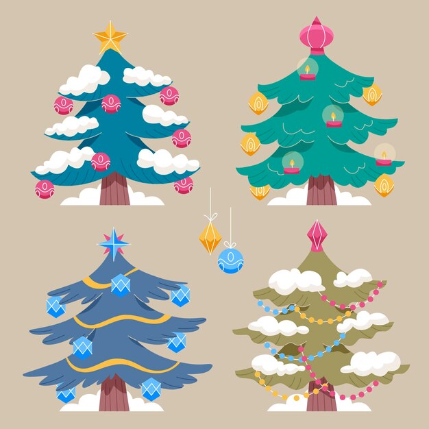 Hand drawn flat christmas trees collection