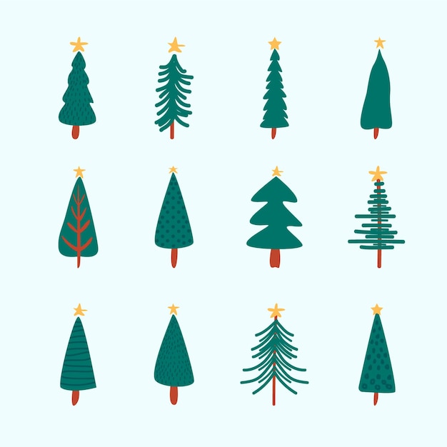 Hand drawn flat christmas trees collection