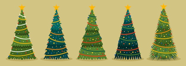 Hand drawn flat christmas trees collection