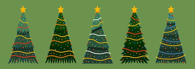 Hand drawn flat christmas trees collection