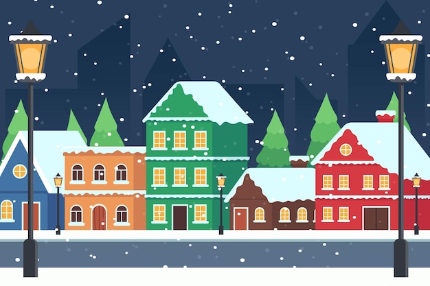 Hand drawn flat christmas village illustration