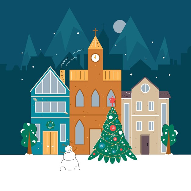 Hand drawn flat christmas village illustration