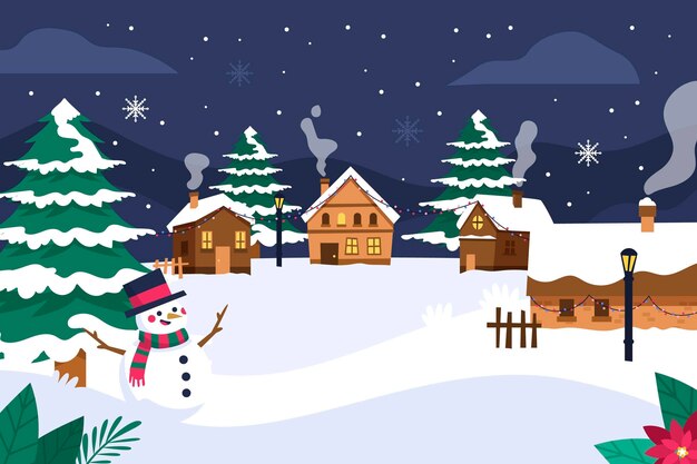 Hand drawn flat christmas village illustration