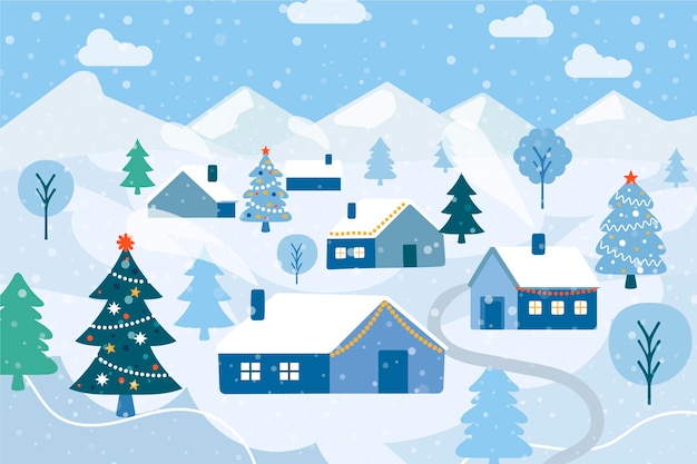 Hand drawn flat christmas village illustration