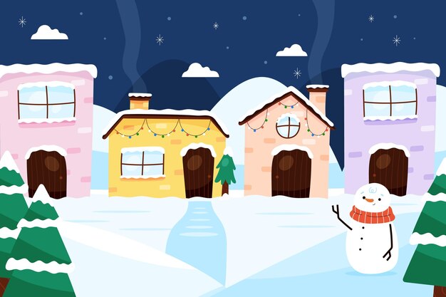 hand drawn flat christmas village illustration