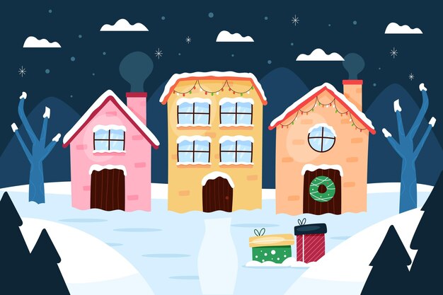 Free vector hand drawn flat christmas village illustration