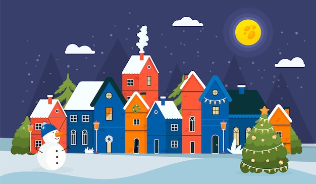 Free vector hand drawn flat christmas village illustration