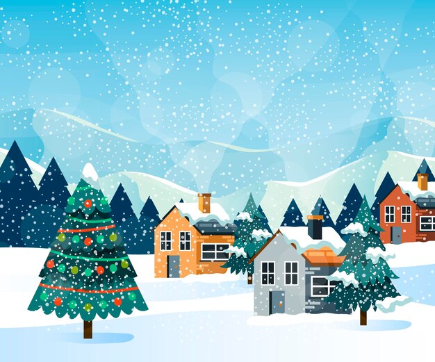 Hand drawn flat christmas village illustration