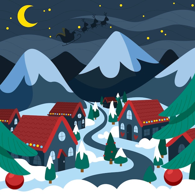 Hand drawn flat christmas village illustration