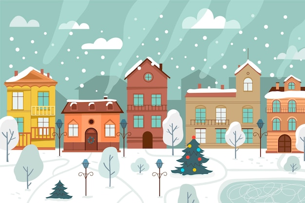 Free vector hand drawn flat christmas village illustration