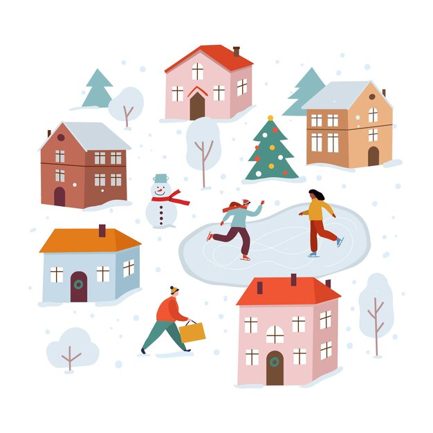 Hand drawn flat christmas village illustration