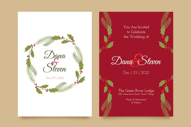 Hand drawn flat christmas wedding invitation template