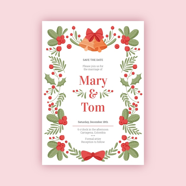 Free vector hand drawn flat christmas wedding invitation template