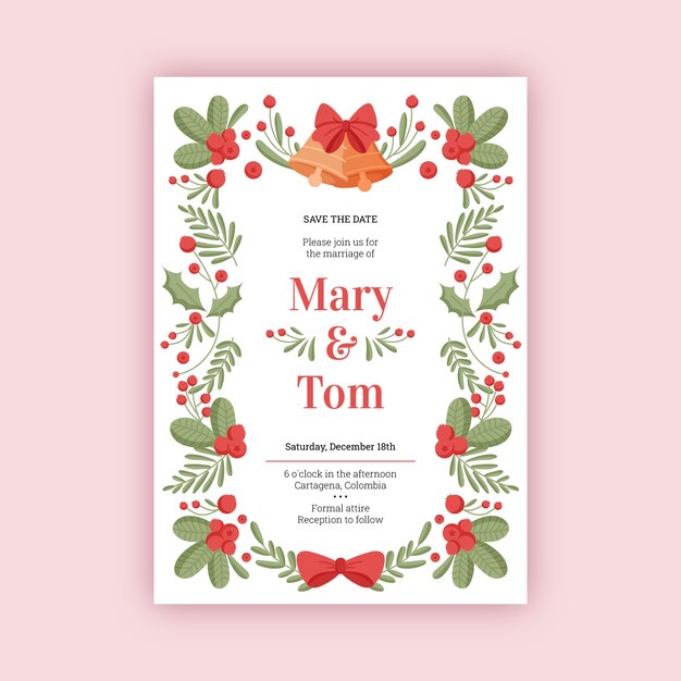 Hand drawn flat christmas wedding invitation template