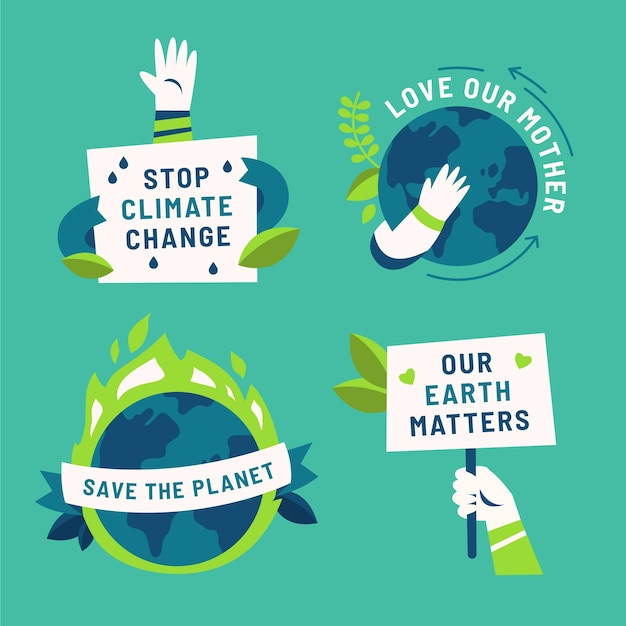 Free vector hand drawn flat climate change badges collection
