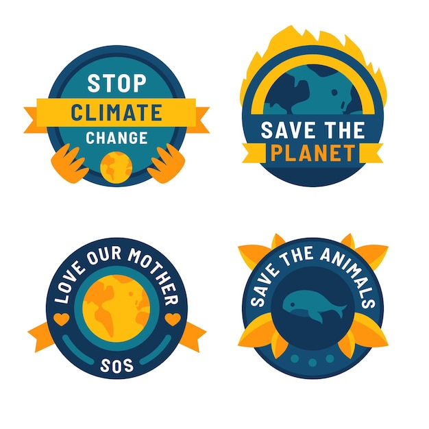 Free vector hand drawn flat climate change badges collection