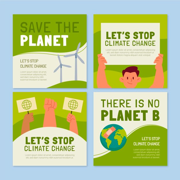 Нарисованная рукой плоская коллекция сообщений instagram об изменении климата