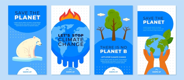 Raccolta di storie di instagram sui cambiamenti climatici piatti disegnati a mano