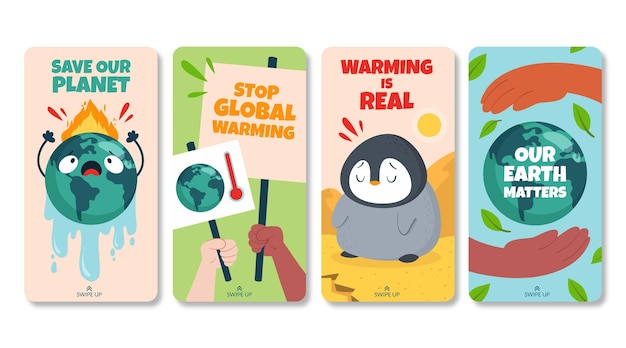 Free vector hand drawn flat climate change instagram stories collection