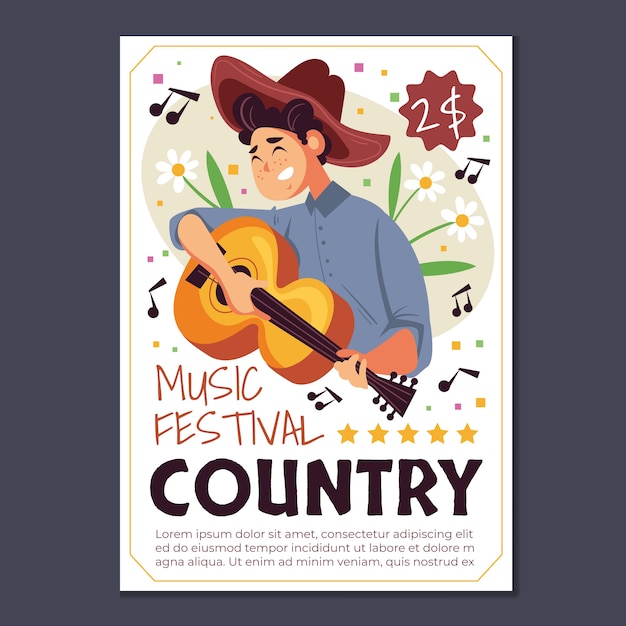 Modello di poster di musica country piatto disegnato a mano