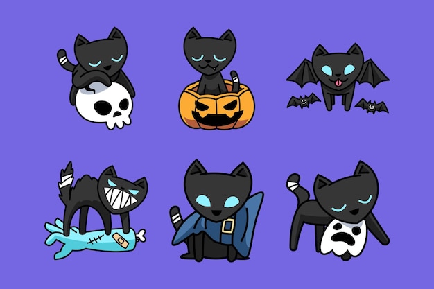 Free vector hand drawn flat cute cartoon black cat set collection