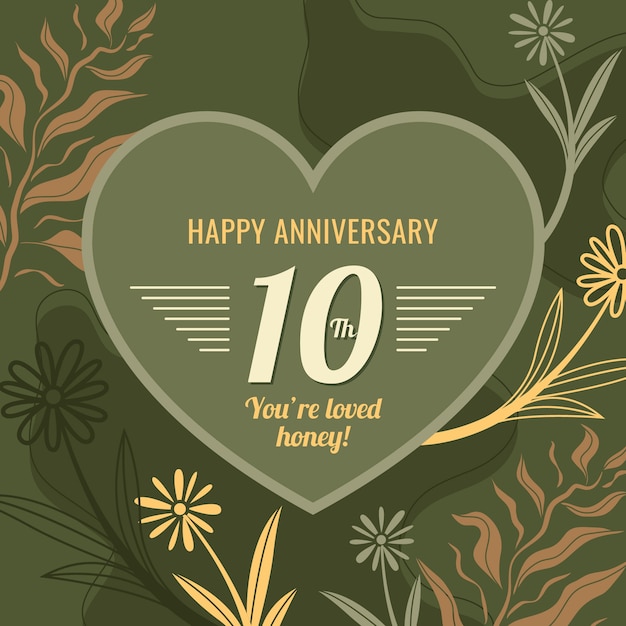 Vettore gratuito design piatto disegnato a mano 10 anni di anniversario o compleanno