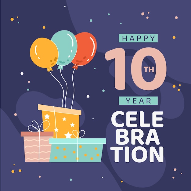 Free vector hand drawn flat design 10th anniversary card