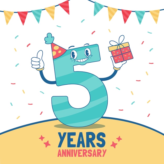 Free vector hand drawn flat design 5 years anniversary card template