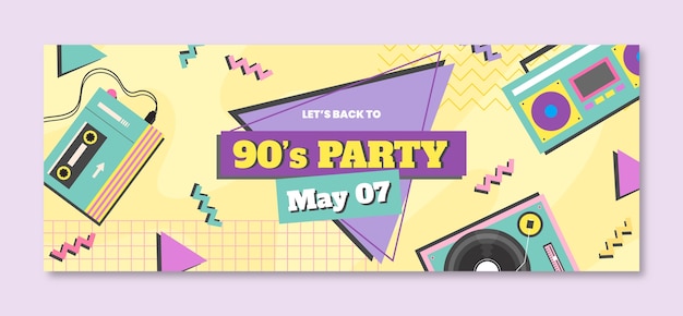 Free vector hand drawn flat design 90s party facebook cover