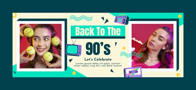 Hand drawn flat design 90s party facebook cover